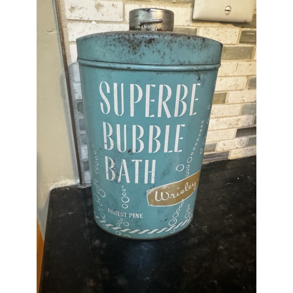 Vintage Wrisley Superbe Bubble Bath Tin Bottle‎ Forest Pine Staining 1950s Prop